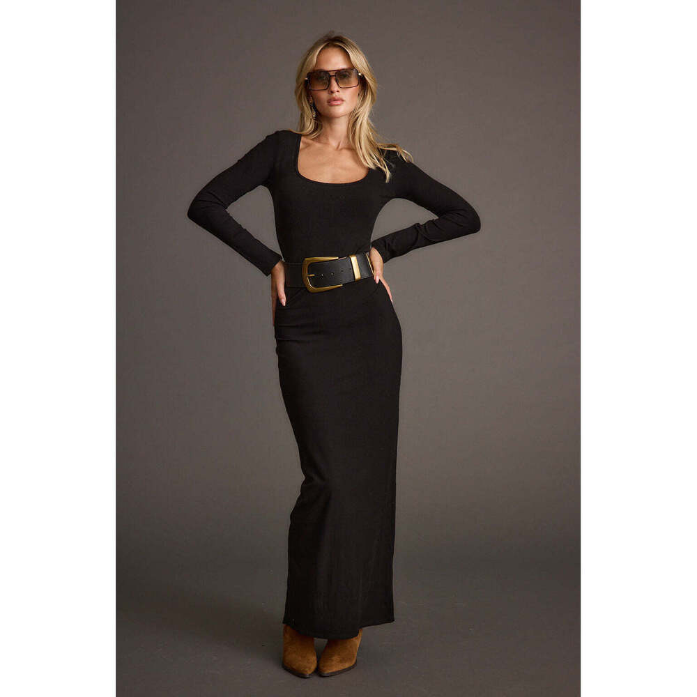 12th Tribe Gemma Black Long Sleeve Ribbed Maxi Dress Size XLXL
